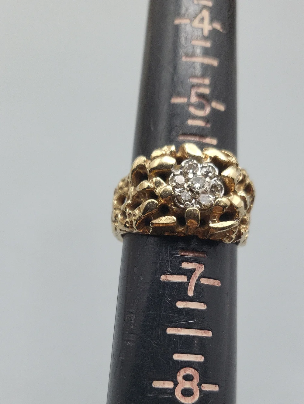 10k Gold Mens Nugget Ring w/ 7 Diamonds Cluster Vintage Neo Classic Luxury 6